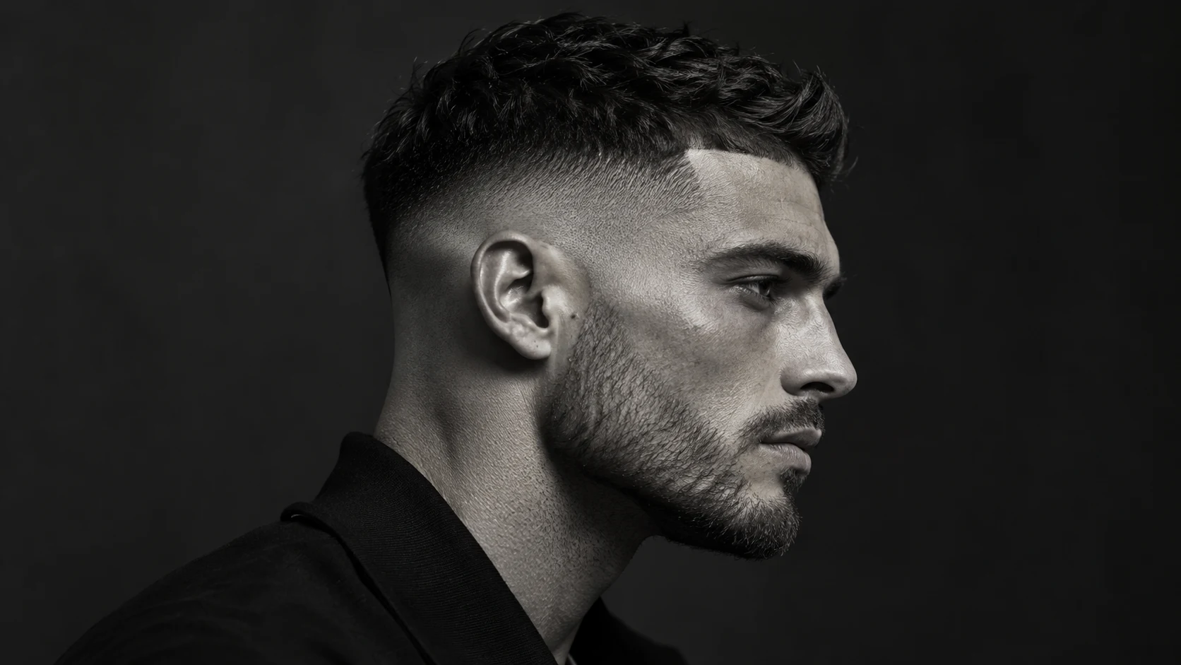 Illustrative monochrome portrait of a precision haircut; not a client photograph